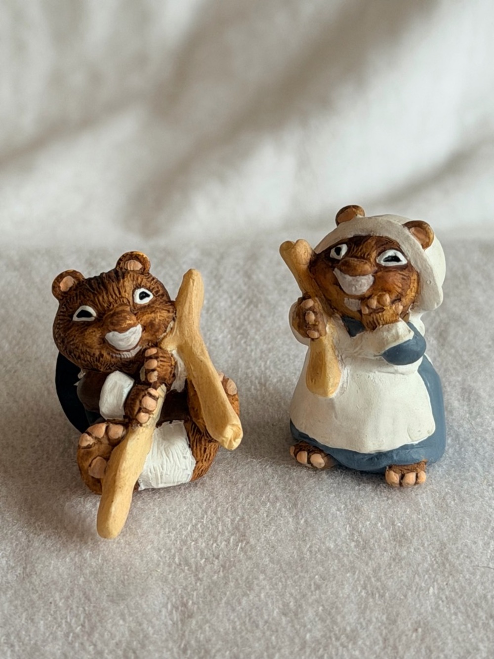 Hand-Painted Brown Ceramic Woodland Bear Figurine Set by